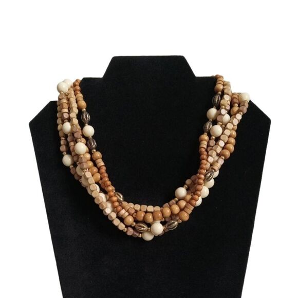 Vintage Tan & Beige Wooden & Metal Beads Multi Strand Layered Statement Necklace - Picture 1 of 9